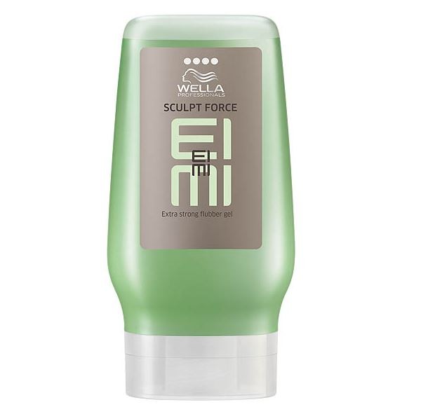 Light green tube with a flip-top cap, featuring a beige label that reads "Wella Professional EIMI Sculpt Force" and "Extra strong flubber gel" in bold lettering.