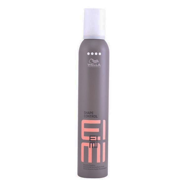 Tall, cylindrical spray can in matte gray with a white cap, featuring bold pink text reading "EIMI" and "Shape Control" along with the Wella logo, indicating a level 4 hold.