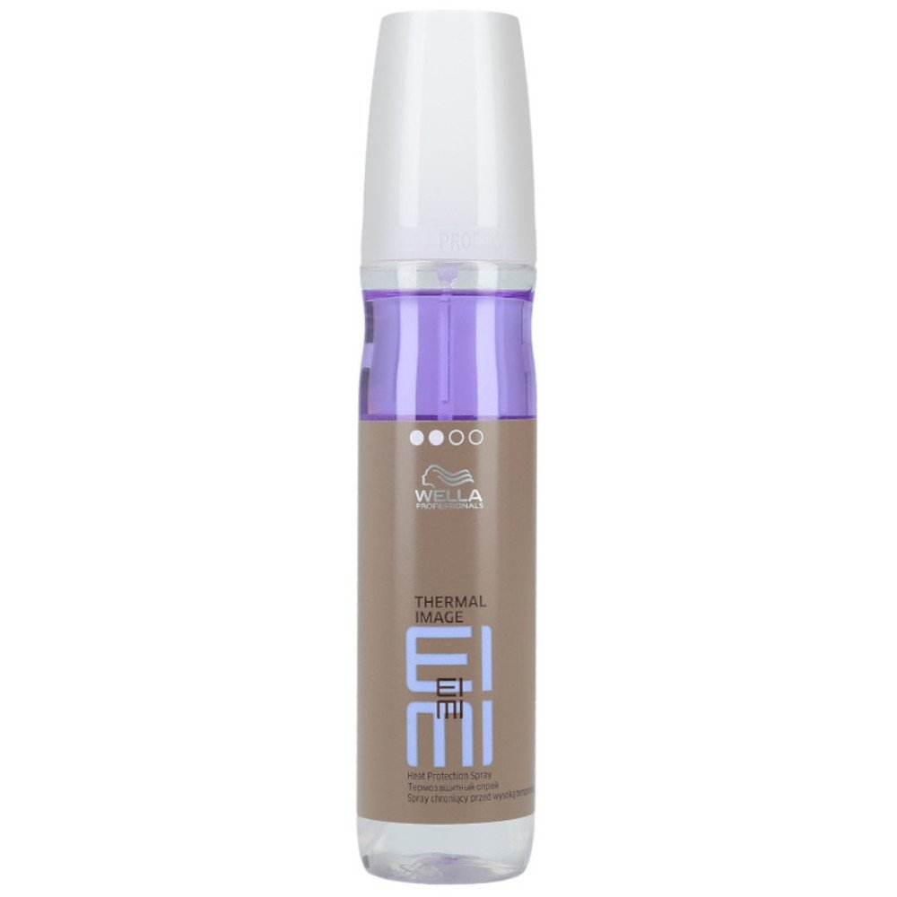 Clear spray bottle with a white cap, featuring a beige and purple label, labeled "Wella EIMI Thermal Image Heat Protection Spray" in bold letters, 150ml size.