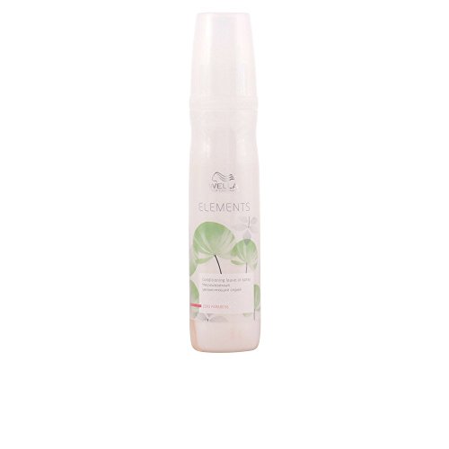 Wella Elements Renewing Leave-in Conditioning Spray in a sleek, translucent white bottle with green leaf accents, featuring a pump spray top and 150ml capacity.