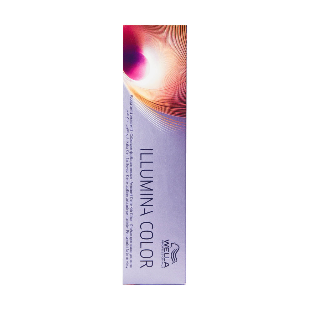 Wella Illumina Hair Colour 8/ Light Blonde in a sleek 60ml tube, featuring a vibrant, swirling design in shades of purple and pink with bold "ILLUMINA COLOR" branding.