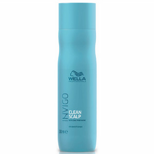 A turquoise bottle of INVIGO CLEAN SCALP Anti-dandruff Shampoo by Wella, featuring a sleek design and a label with white text, containing 250 ml of product.
