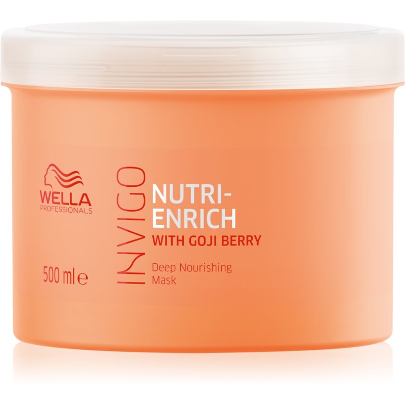 Wella Professional Invigo Nutri-Enrich Nourishing Mask in a 500 ml orange tub, featuring a white lid and labeled with "Deep Nourishing Mask" and "with Goji Berry."