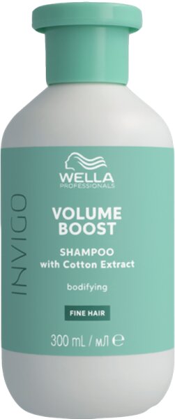 Wella Invigo Volume Boost Shampoo in a light teal bottle, labeled for fine hair, featuring cotton extract and a 300ml capacity, with a sleek, modern design.