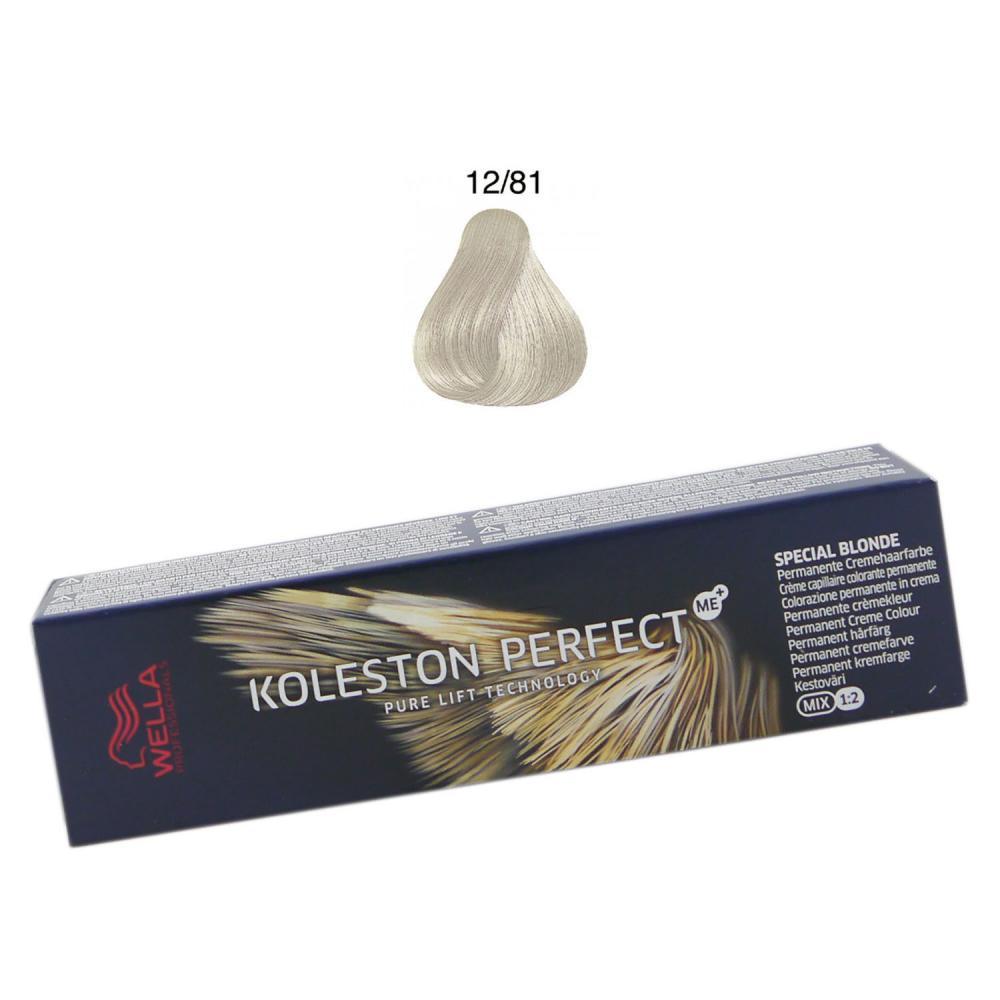 Wella Professionals Koleston Perfect Me+ hair color in shade 12/81, featuring a sleek blue box with gold accents and a swatch of light blonde hair color above.