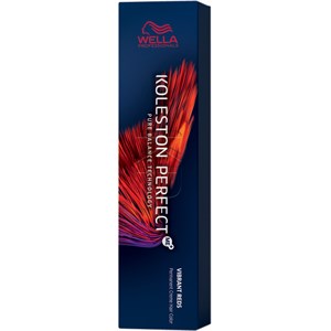 Wella Professionals Koleston Perfect ME+ hair dye in a vibrant red shade, 55/46, packaged in a sleek blue box with colorful feather graphics and bold branding.