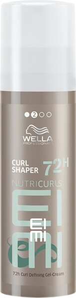 Wella Nutricurls EIMI Curl Shaper gel cream in a sleek, silver bottle with a pump dispenser, labeled with turquoise and white text, designed for 72-hour curl definition.