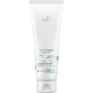 White tube of Wella Professionals Nutricurls Waves & Curls Cleansing Conditioner, featuring green accents and a label with product details, 250ml size.