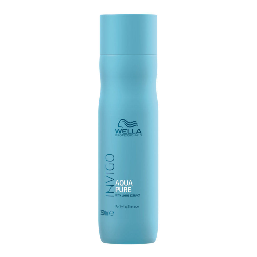 Light blue bottle of Wella Professionals Invigo Aqua Pure Purifying Shampoo, featuring a sleek design, 250ml capacity, and labeled with product details and logo.