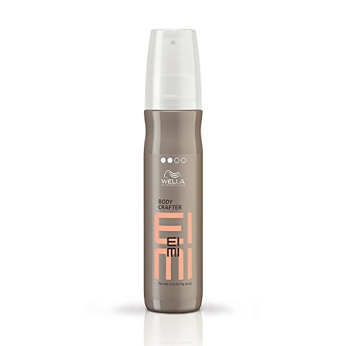 Wella EIMI Body Crafter Spray in a sleek, gray bottle with a white pump top, featuring bold orange lettering and a minimalist design, ideal for adding volume to hair.