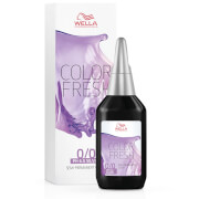 Wella Color Fresh Hair Toner 75ml in a sleek black bottle with a silver nozzle, featuring a purple and white box design, labeled "0/6 Fresh Silver."
