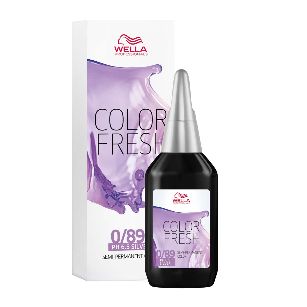 Wella Professionals Color Fresh 0/89 in a 75 ml black bottle with a silver nozzle, packaged in a white box featuring a purple wave design and product details.