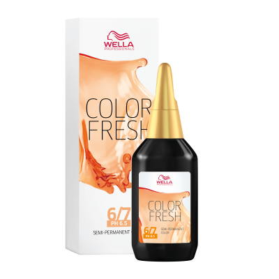 Wella Color Fresh Semi-Permanent Hair Colour in a black bottle with a gold cap, alongside a white box featuring orange splash graphics and product details.
