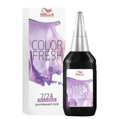 Wella Color Fresh Hair Toner in a 75ml black bottle with a silver applicator top, featuring a purple and white box design, labeled "7/74 PH 6.5 Silver".