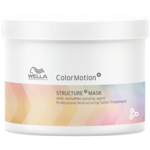 White round jar with a colorful gradient band at the bottom, labeled "Wella Color Motion Structure Mask," featuring a sleek design and a professional salon treatment indication.