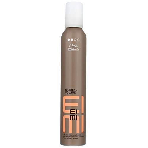 Wella EIMI Natural Volume Mousse in a sleek, light brown canister with a white cap, featuring bold orange and black text on the label, designed for adding volume to hair.