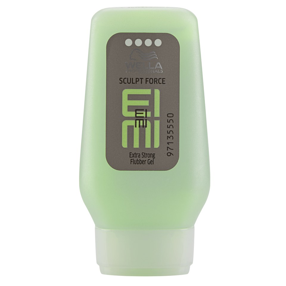 Green plastic squeeze bottle with a gray label, featuring "EIMI Sculpt Force" in bold green text and "Extra Strong Flubber Gel" below, designed for hair styling.