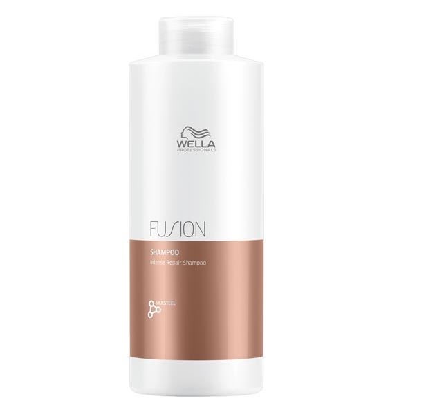 White bottle of Wella Fusion Intense Repair Shampoo, 1000ml, featuring a sleek design with a rose gold label and the Wella logo prominently displayed.