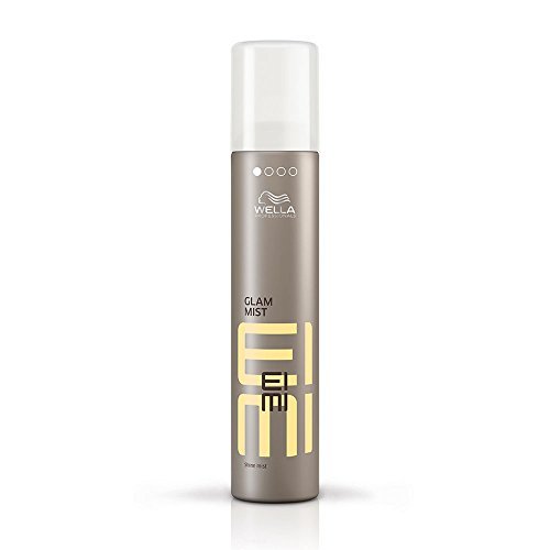 Sleek, silver spray bottle of Wella EIMI Glam Mist, featuring a white cap and bold yellow lettering, designed for adding shine and texture to hair.