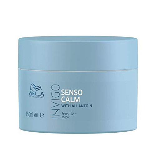 Light blue, round container of Wella Invigo Senso Calm Mask, 150ml, featuring a smooth matte finish and labeled with product details in white text.