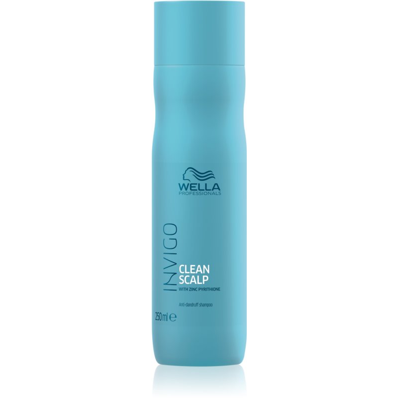 Turquoise bottle of Wella Professionals Invigo Clean Scalp Anti-Dandruff Shampoo, 250ml, featuring a sleek design and clear labeling with the brand logo and product name.