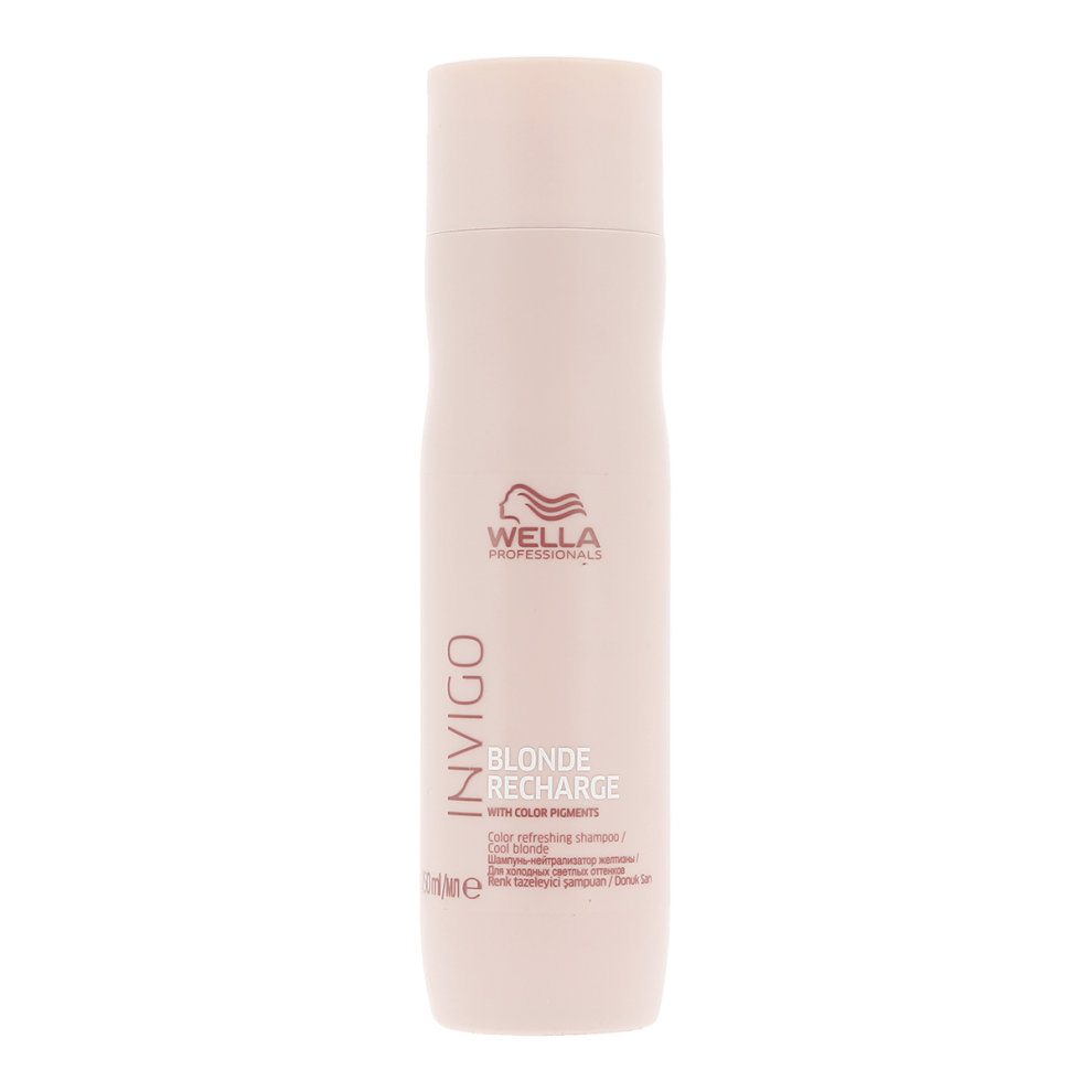 Wella Invigo Blonde Recharge Cool Blonde Shampoo in a sleek, pale pink bottle with a minimalist design, featuring the brand logo and product name in elegant lettering.