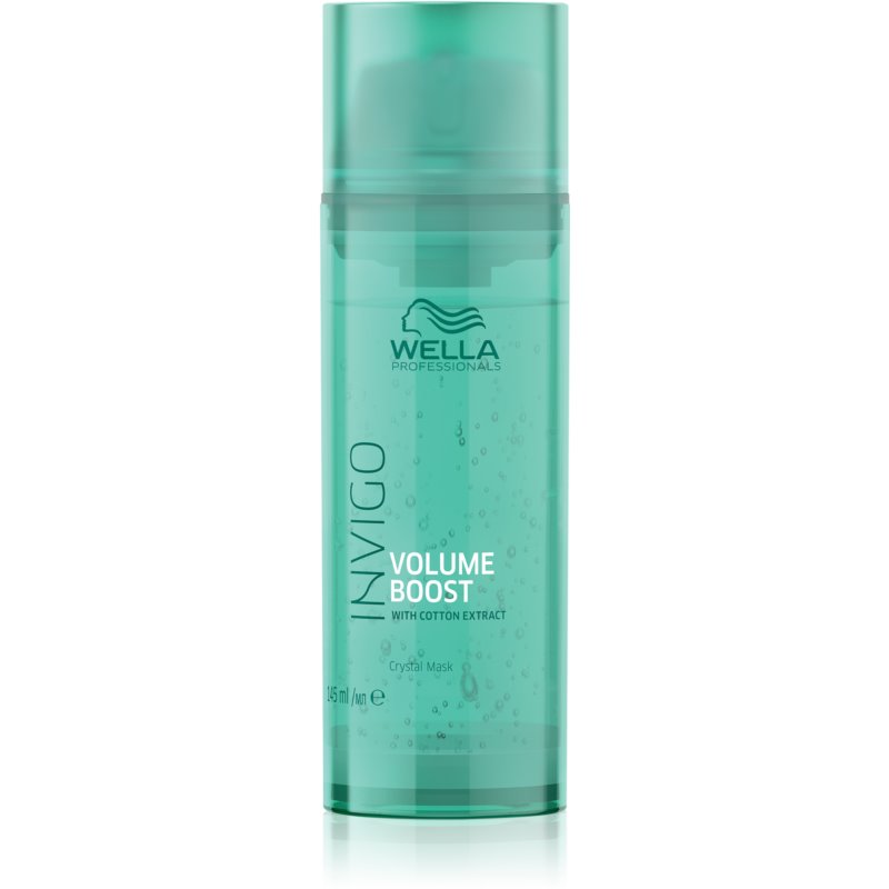 Transparent turquoise bottle with a pump dispenser, labeled "Wella INVIGO Volume Boost" in white text, featuring a cotton extract formula for added volume, 145ML size.