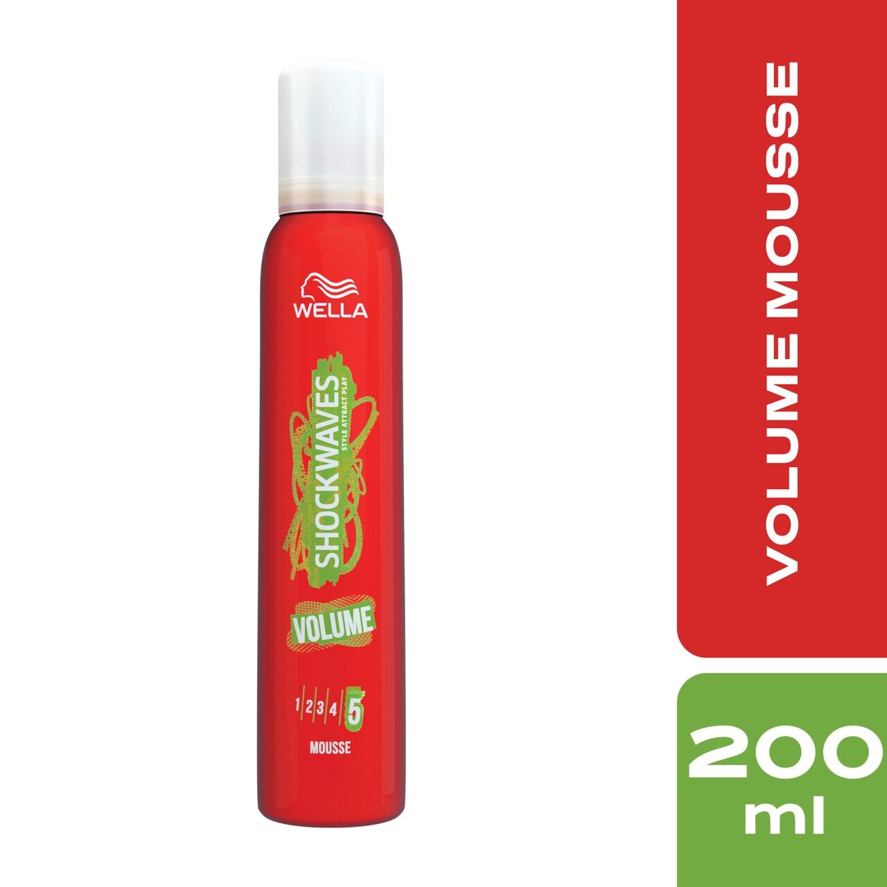 Wella Shockwaves Volume Mousse in a red cylindrical can, featuring green and white text, 200ml size, with a white cap and a volume level indicator of 1-5.