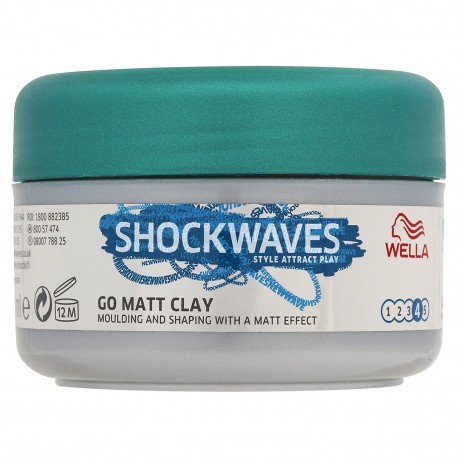 Shockwaves Ultimate Effects Matt Clay by Wella in a 75ml container, featuring a silver base with a turquoise lid and bold blue text, designed for moulding and shaping hair.