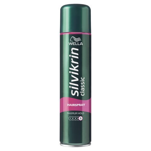 Green aerosol can with a sleek design, featuring a pink label that reads "Silvikrin Hairspray Maximum Hold" and the Wella logo at the top.
