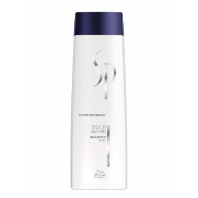 White shampoo bottle with a sleek design, featuring a dark blue cap and silver lettering that reads "SP Silver Blond Shampoo 250ml" by Wella.