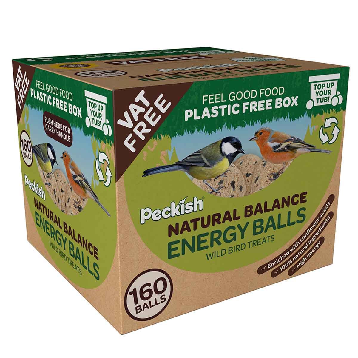 Brown cardboard box with vibrant graphics, featuring birds and text highlighting "Peckish Natural Balance Energy Balls," containing 160 VAT-free wild bird treats, plastic-free packaging.