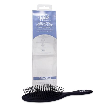 Black Wet Brush Original Detangler with flexible bristles, designed for easy detangling, displayed in a clear packaging with blue and white branding.