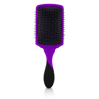 Purple paddle hairbrush with a wide rectangular head, flexible bristles, and a textured black grip handle, designed for detangling wet hair.