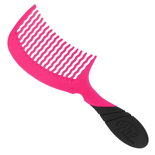 Pink Wet Brush Pro Detangler Comb with a flexible, wide-toothed design and a black rubber grip for easy handling and detangling.