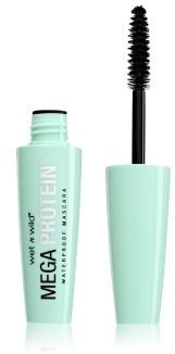 A mint green tube of Wet N Wild Mega Protein Mascara with a black, bristle brush, labeled "Very Black Waterproof" in white text on the side.