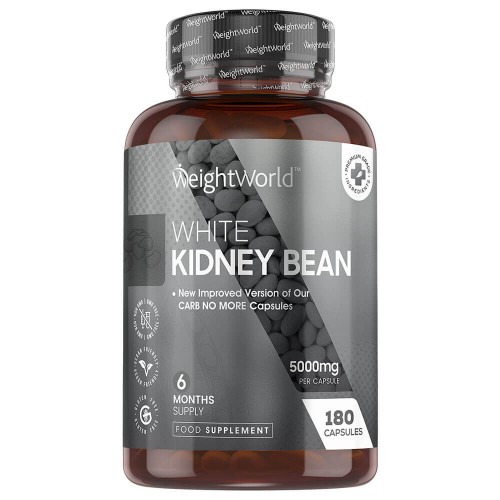 WeightWorld White Kidney Bean Extract capsules in a dark-colored bottle, featuring a sleek design with a black label, highlighting 5000mg per capsule and a 6-month supply of 180 capsules.