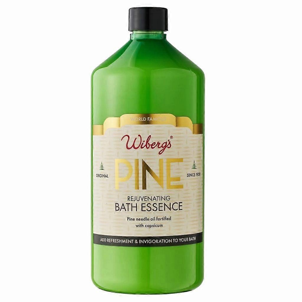 Green plastic bottle of Wiberg's Pine Bath Essence, 1000ml, featuring a gold and white label with "PINE" in bold letters, highlighting rejuvenating properties and capsaicin infusion.