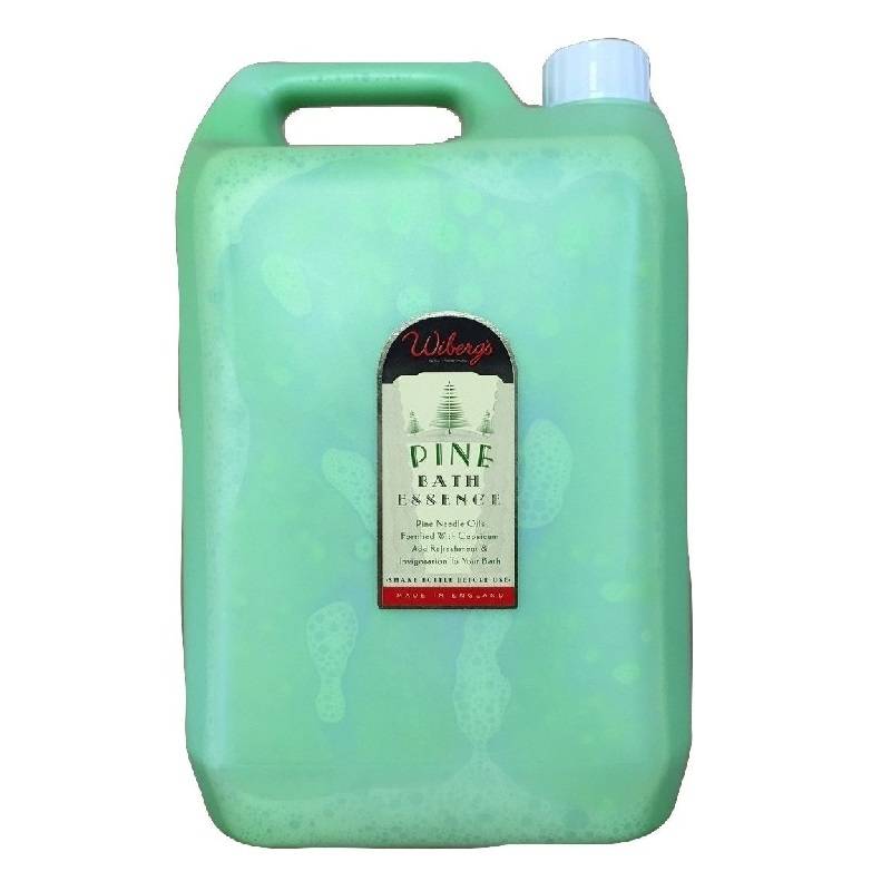 Green plastic container of Wiberg's Pine Bath Essence, 5000ml, featuring a black and red label with pine tree graphics and product details.