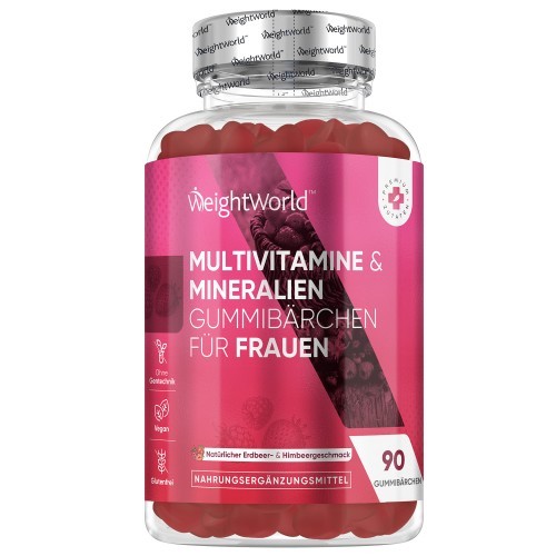Berry-flavored women’s multivitamin gummies in a clear bottle, featuring a pink label with white text, containing 90 gummies for a 1.5-month supply.