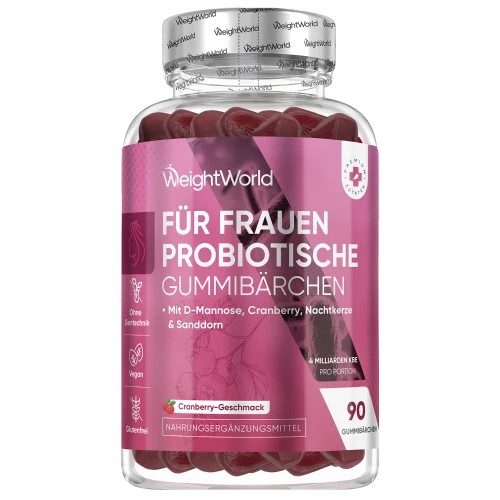 Clear plastic bottle containing 90 pink gummy supplements labeled "WeightWorld Women's Probiotic Gummies" with cranberry flavor, featuring a pink and white design.