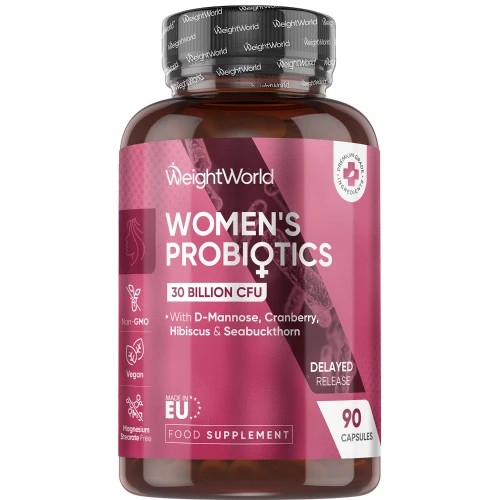 Brown plastic bottle with a dark pink label, featuring the text "Women's Probiotics 30 Billion CFU," containing 90 capsules, marked as vegan and non-GMO, with a delayed release feature.