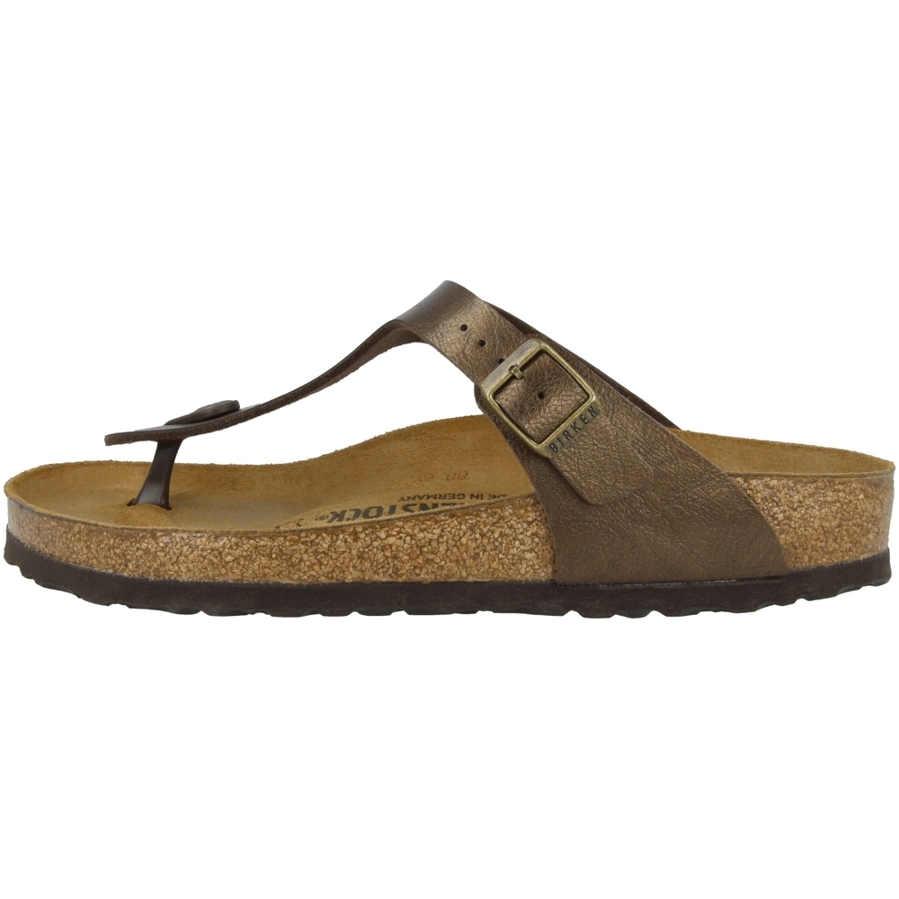 Brown Birkenstock Gizeh flip-flops made of Birko-Flor material, featuring a thong strap, adjustable buckle, and a cork footbed for comfort.