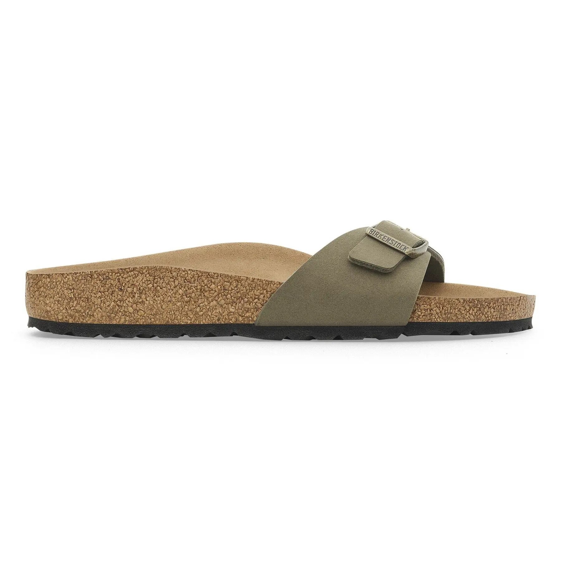 Olive green synthetic women's mules by Birkenstock, featuring a single adjustable strap, a cushioned cork footbed, and a textured black rubber sole.