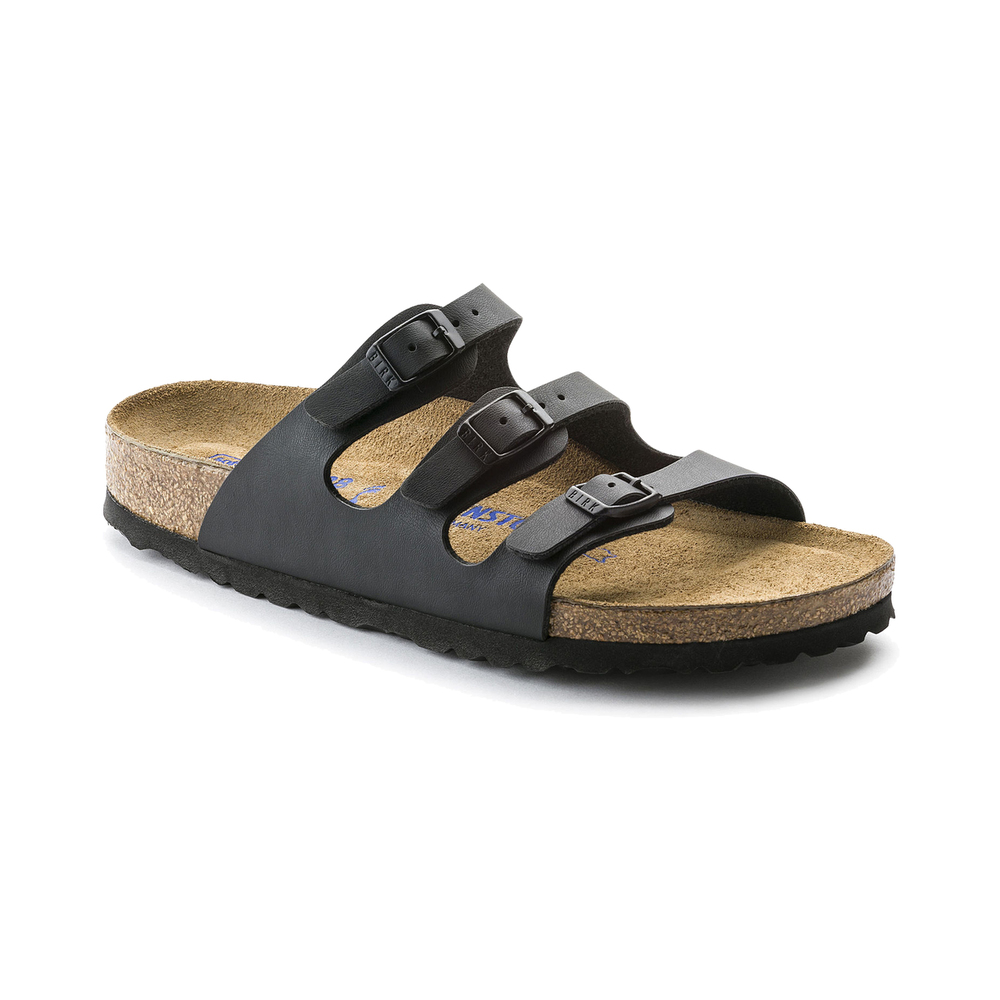 Black Birkenstock Florida women's sandals featuring three adjustable straps, a cork footbed, and a textured rubber sole for comfort and support.