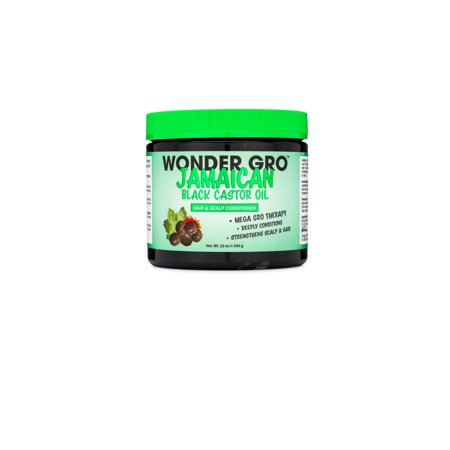 Green and black jar labeled "Wonder Gro Jamaican Black Castor Oil," 12 Fl Oz, featuring text about hair growth therapy and conditioning benefits, with a graphic of castor beans.