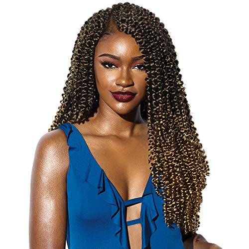 Long, flame-resistant synthetic braid crochet hair in a water wave style, featuring a blend of dark and light brown tones, worn by a model with a deep blue top and bold lip color.