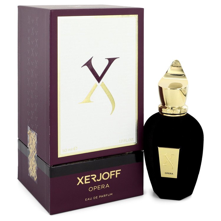 Xerjoff Opera Eau De Parfum features a sleek black bottle with a gold cap, presented in a rich purple box adorned with gold accents and the brand logo.