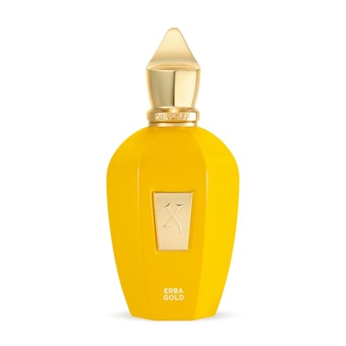 Bright yellow glass bottle with a distinctive shape, featuring a gold cap and a gold logo on the front, containing 100 ml of Erba Gold Eau De Parfum by Xerjoff.
