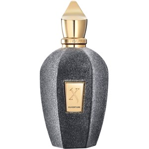 Elegant unisex fragrance bottle with a textured dark gray finish, gold accents, and a distinctive pointed cap, featuring a gold label with the brand name "Xerjoff Ouverture."